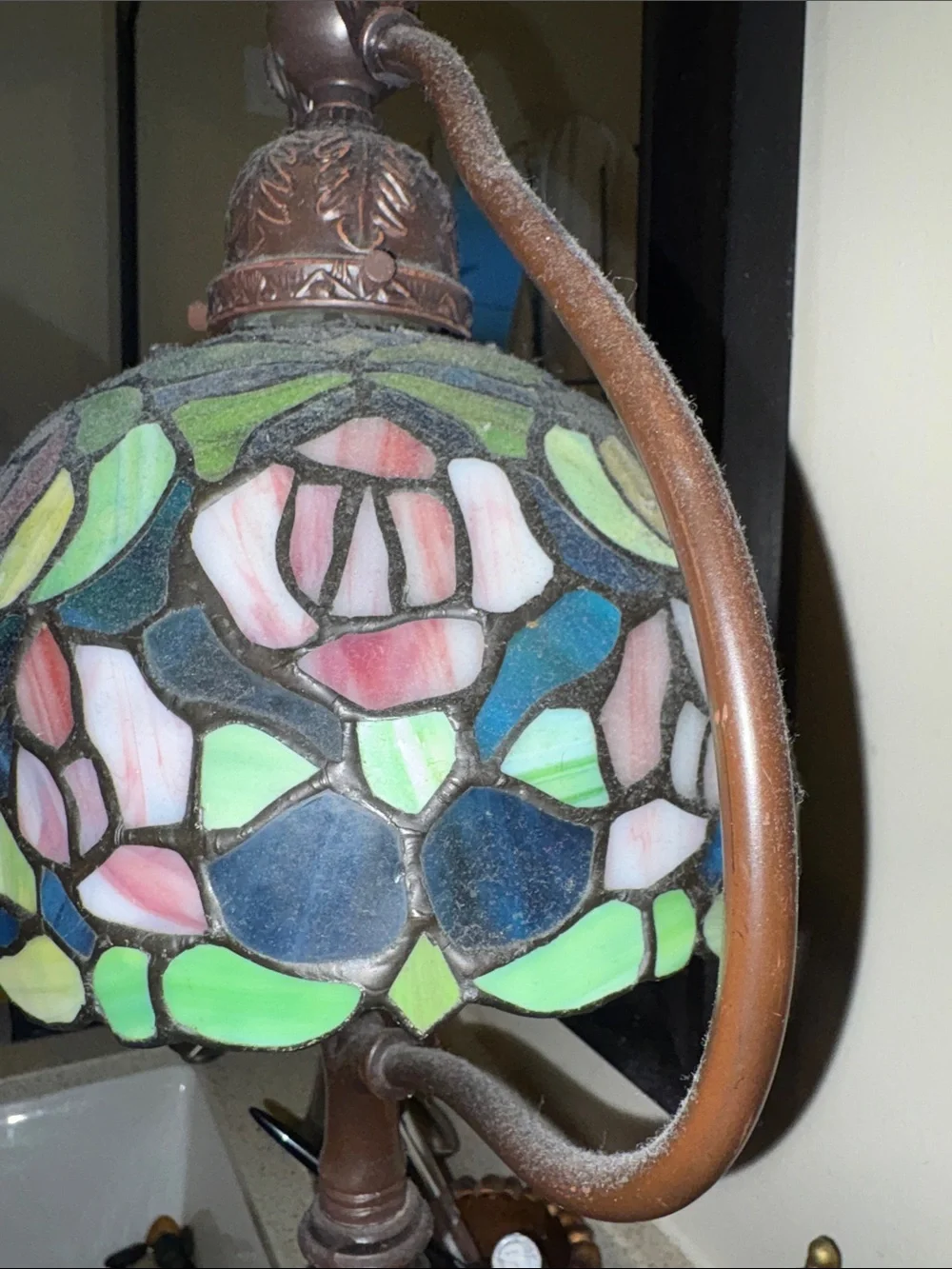 Mosaic Stained Glass Lamp with Pink, Green & Blue Shade
